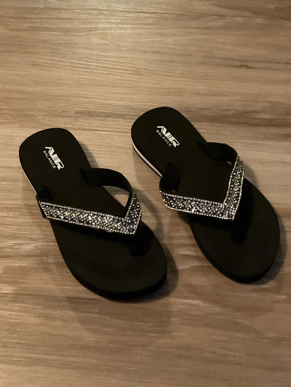 NWT Air Balance | Kids Black Flip Flop Sandals with Silver Crystal Straps